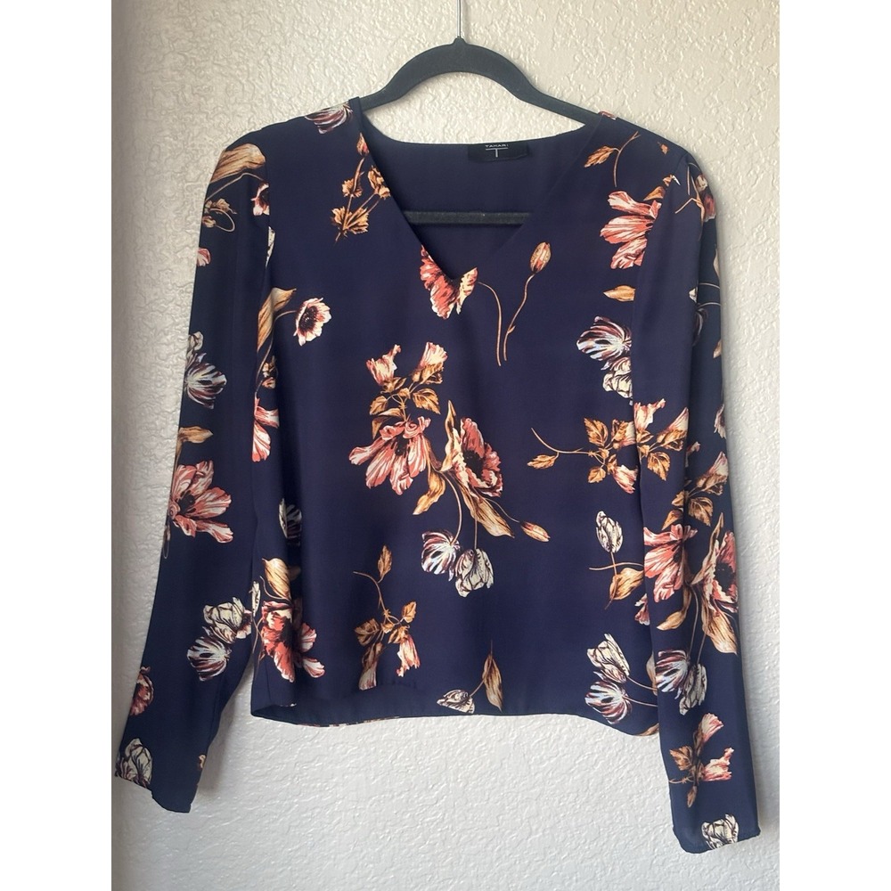 Tahari 100% Polyester V Neck Blue Floral Print Sz Petite Small - Picture 1 of 9